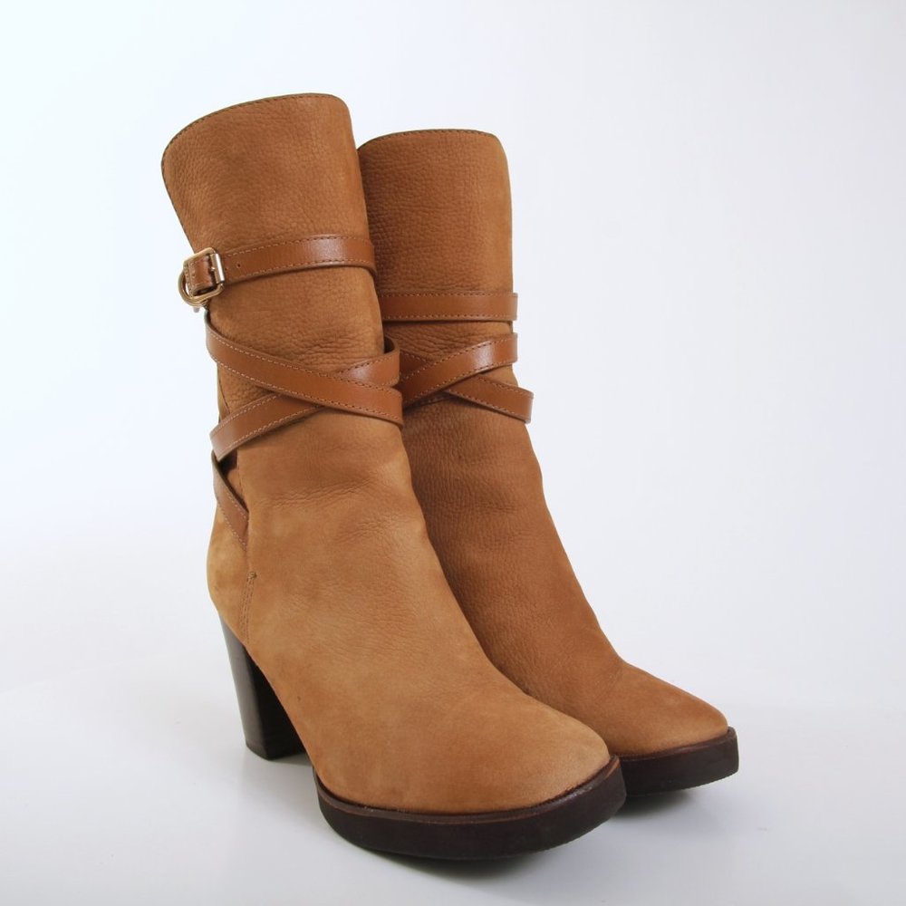 Tory Burch Tan Suede Mid-Calf Heeled Boots with Leather Straps